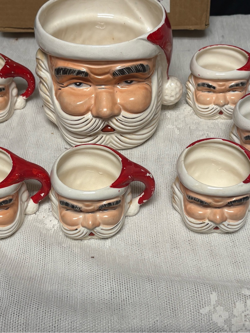 Vtg ceramic Santa Claus punch eggnog bowl set MCM Christmas mugs story box 8 pc